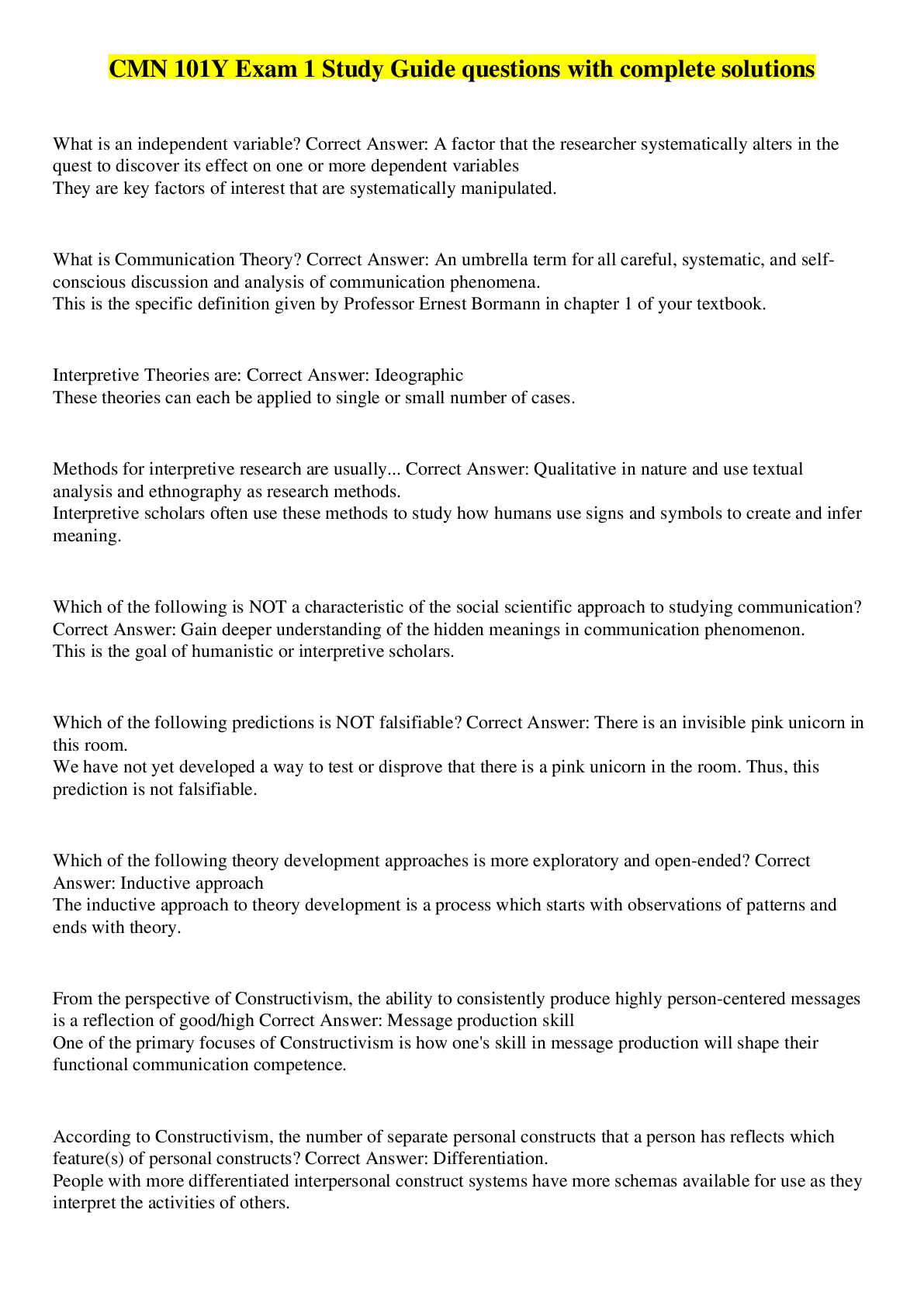 Preview image of CMN 101Y Exam 1 Study Guide questions with complete solutions document